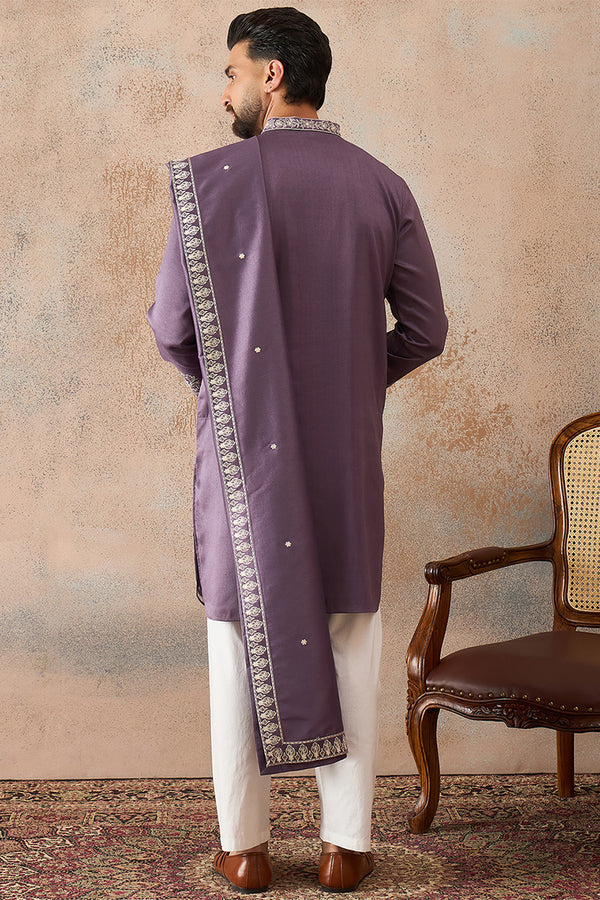Lavender Silk Blend Solid Embroidered Kurta & Trouser With Dupatta MKPD1009