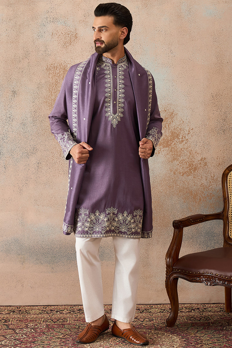 Lavender Silk Blend Solid Embroidered Kurta With Dupatta MKUD1009