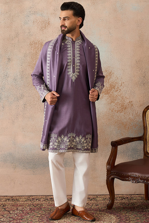 Lavender Silk Blend Solid Embroidered Kurta With Dupatta MKUD1009