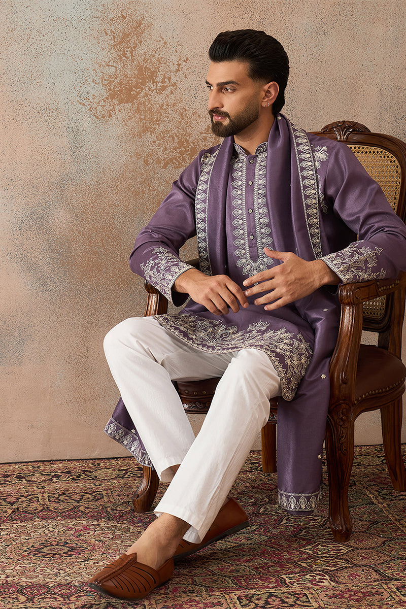 Lavender Silk Blend Solid Embroidered Kurta & Trouser With Dupatta MKPD1009