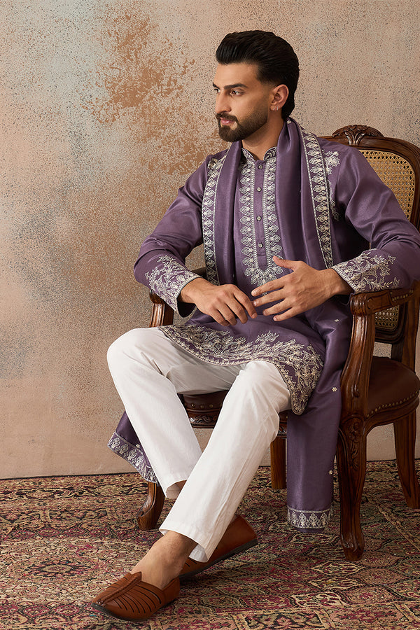 Lavender Silk Blend Solid Embroidered Kurta With Dupatta MKUD1009