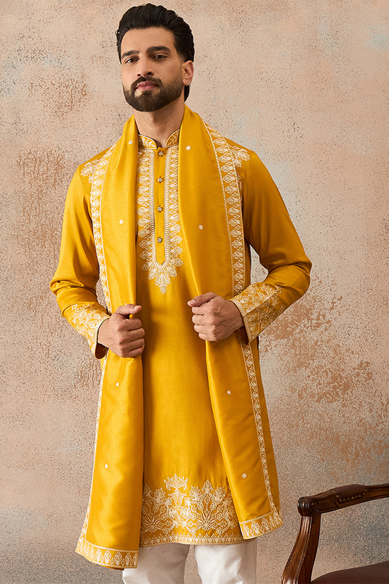 Yellow Silk Blend Solid Embroidered Kurta With Dupatta MKUD1010