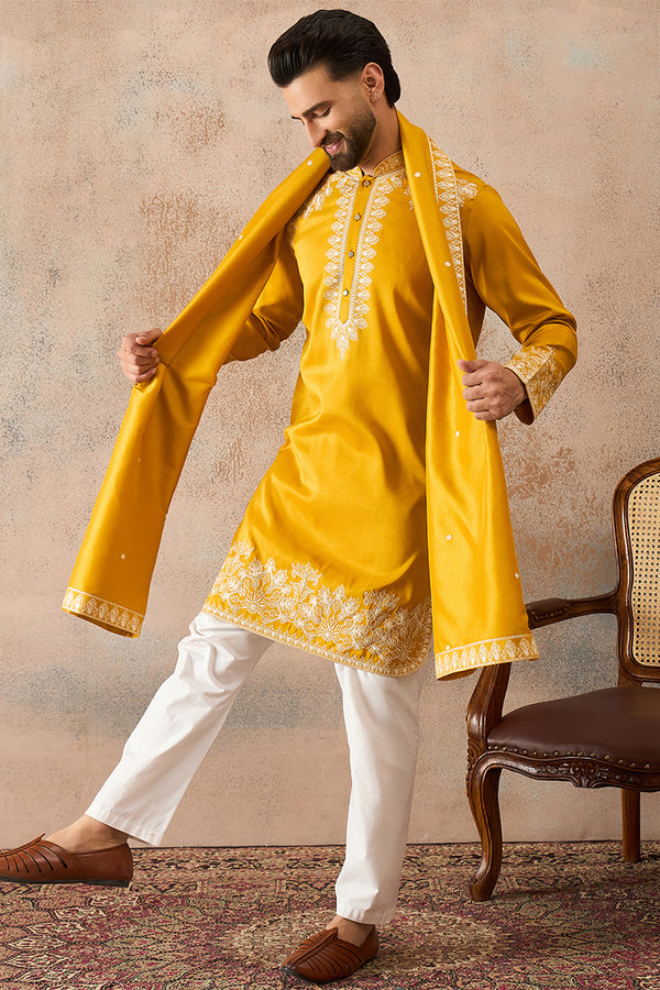 Yellow Silk Blend Solid Embroidered Kurta & Trouser With Dupatta MKPD1010