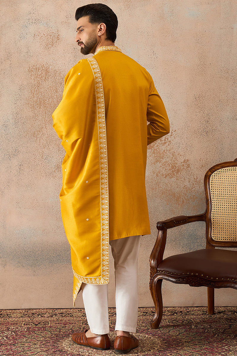Yellow Silk Blend Solid Embroidered Kurta With Dupatta MKUD1010