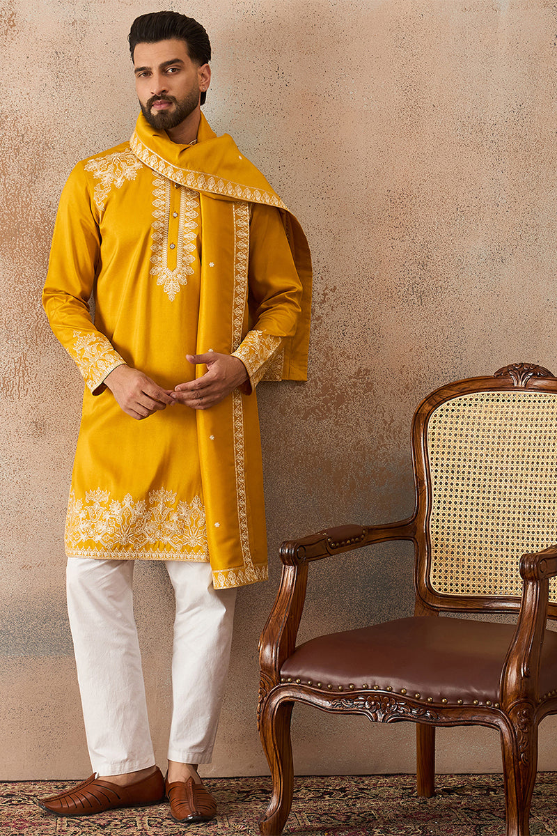 Yellow Silk Blend Solid Embroidered Kurta With Dupatta MKUD1010