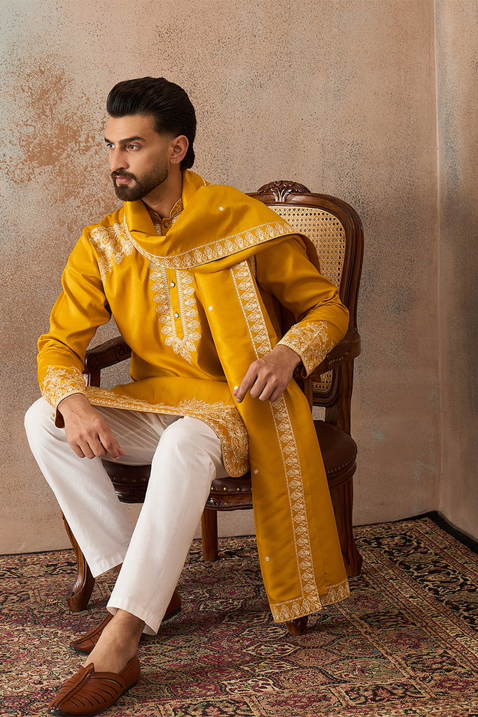 Yellow Silk Blend Solid Embroidered Kurta With Dupatta MKUD1010