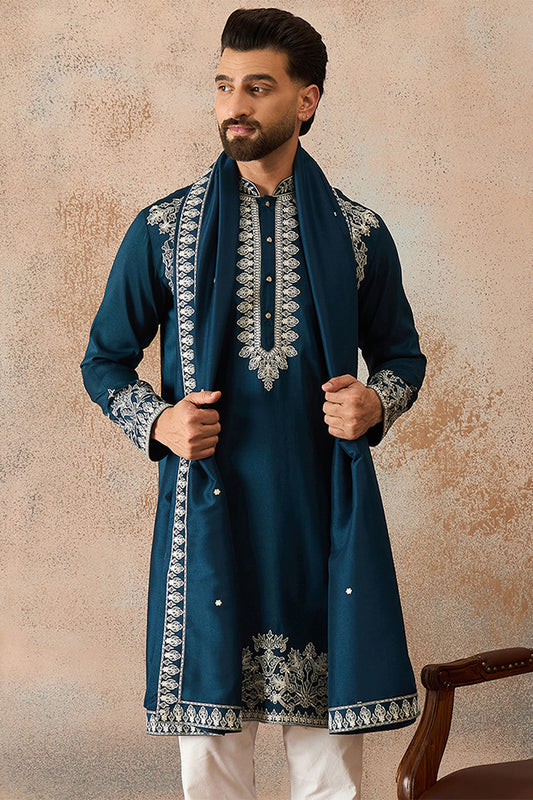 Blue Silk Blend Solid Embroidered Kurta & Trouser With Dupatta MKPD1011