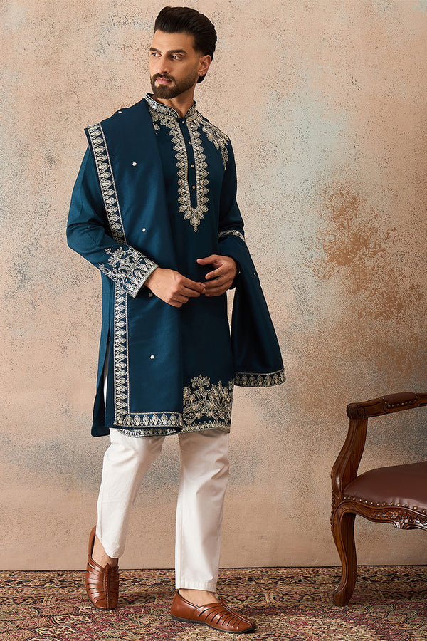 Blue Silk Blend Solid Embroidered Kurta With Dupatta MKUD1011