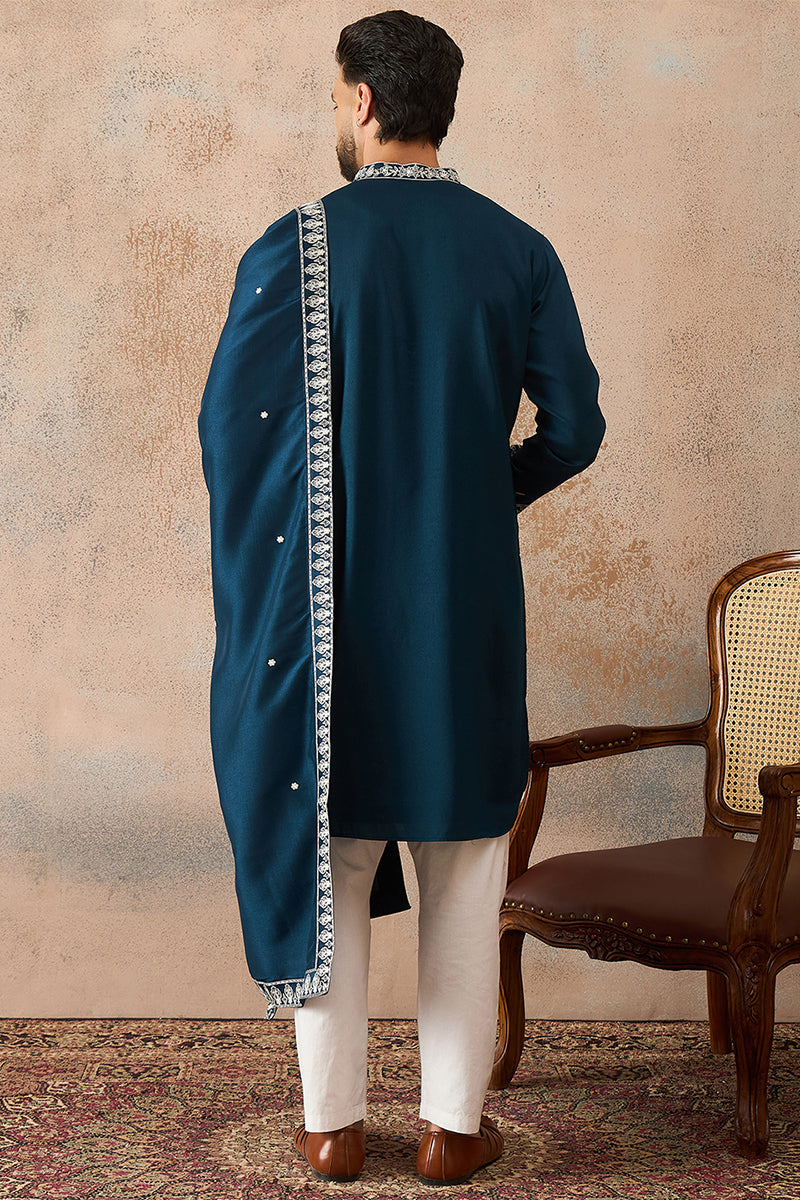 Blue Silk Blend Solid Embroidered Kurta With Dupatta MKUD1011