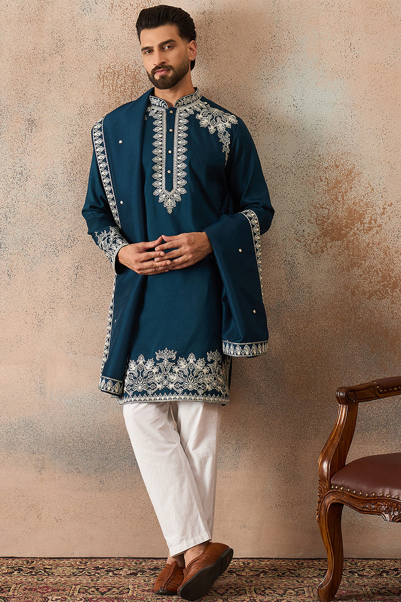 Blue Silk Blend Solid Embroidered Kurta With Dupatta MKUD1011