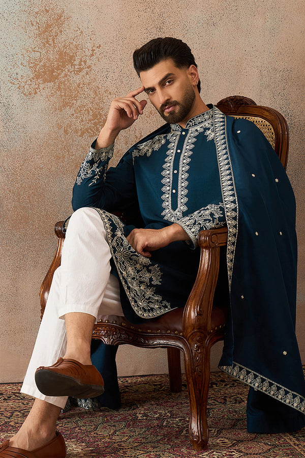 Blue Silk Blend Solid Embroidered Kurta With Dupatta MKUD1011
