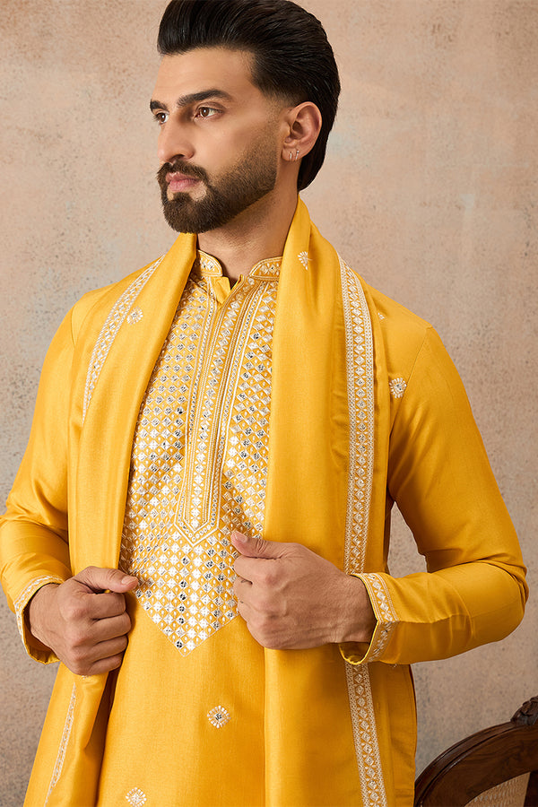 Yellow Silk Blend Solid Embroidered Kurta With Dupatta MKUD1015