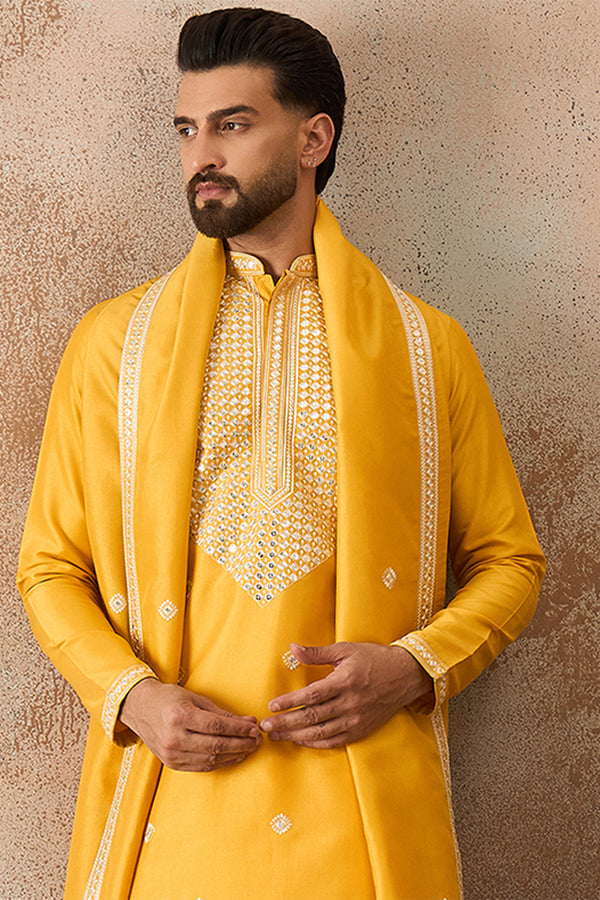 Yellow Silk Blend Solid Embroidered Kurta With Dupatta MKUD1015