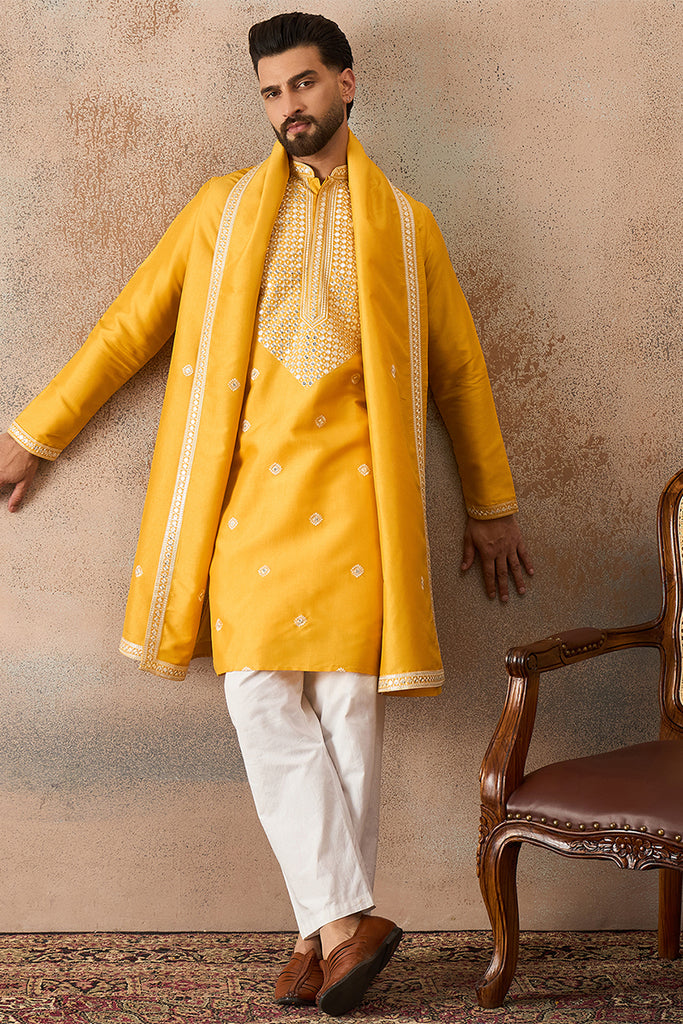 Yellow Silk Blend Solid Embroidered Kurta And Trouser With Dupatta MKPD1015