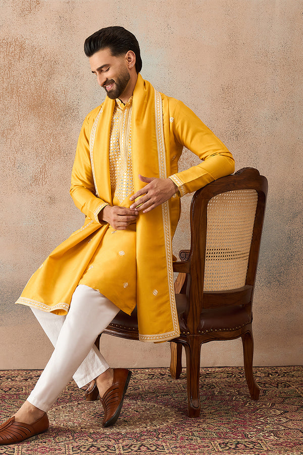 Yellow Silk Blend Solid Embroidered Kurta With Dupatta MKUD1015
