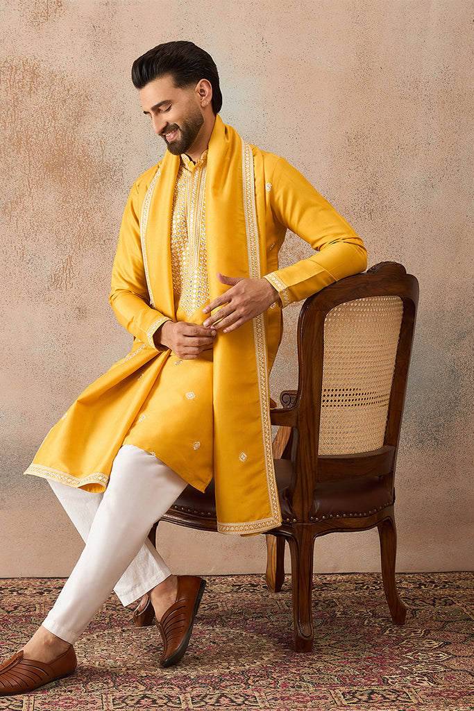 Yellow Silk Blend Solid Embroidered Kurta And Trouser With Dupatta MKPD1015