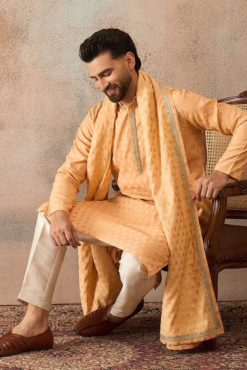 Peach Jacquard Woven Design Floral Straight Kurta with Dupatta MKUD1017