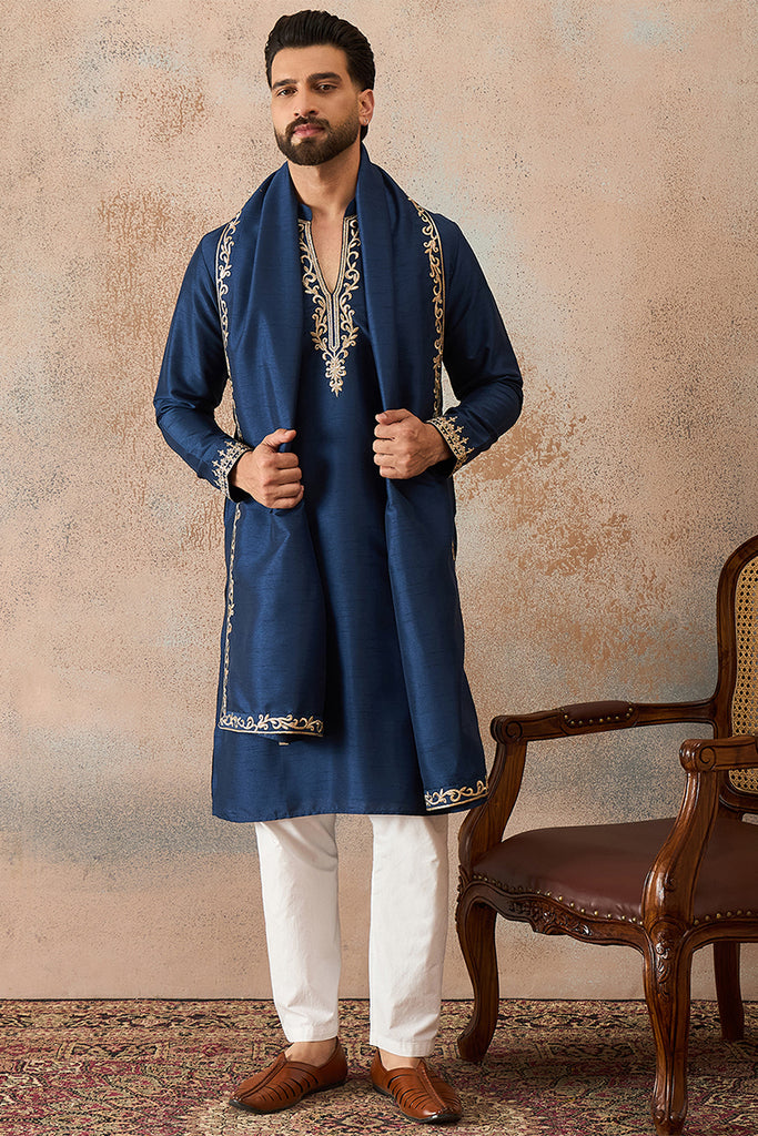 Blue Silk Blend Solid Embroidered Kurta With Dupatta MKUD1020