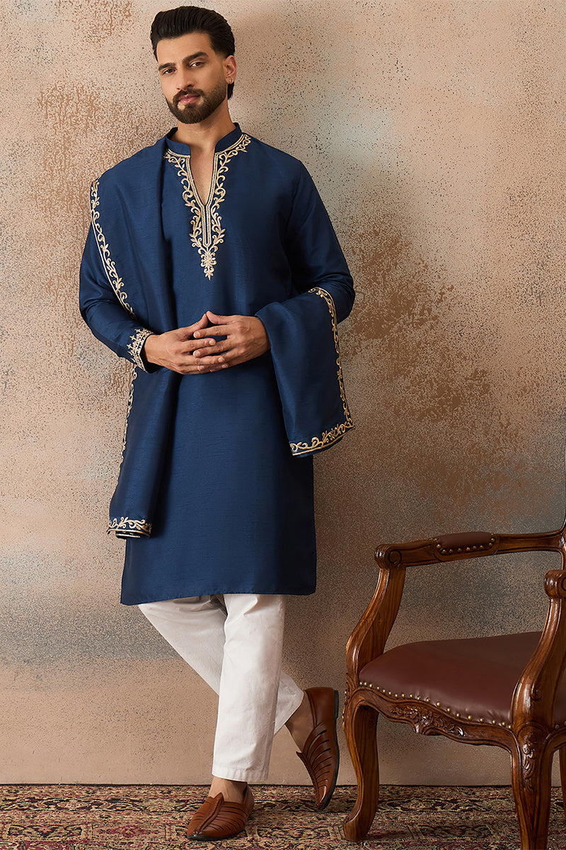 Blue Silk Blend Solid Embroidered Kurta With Dupatta MKUD1020