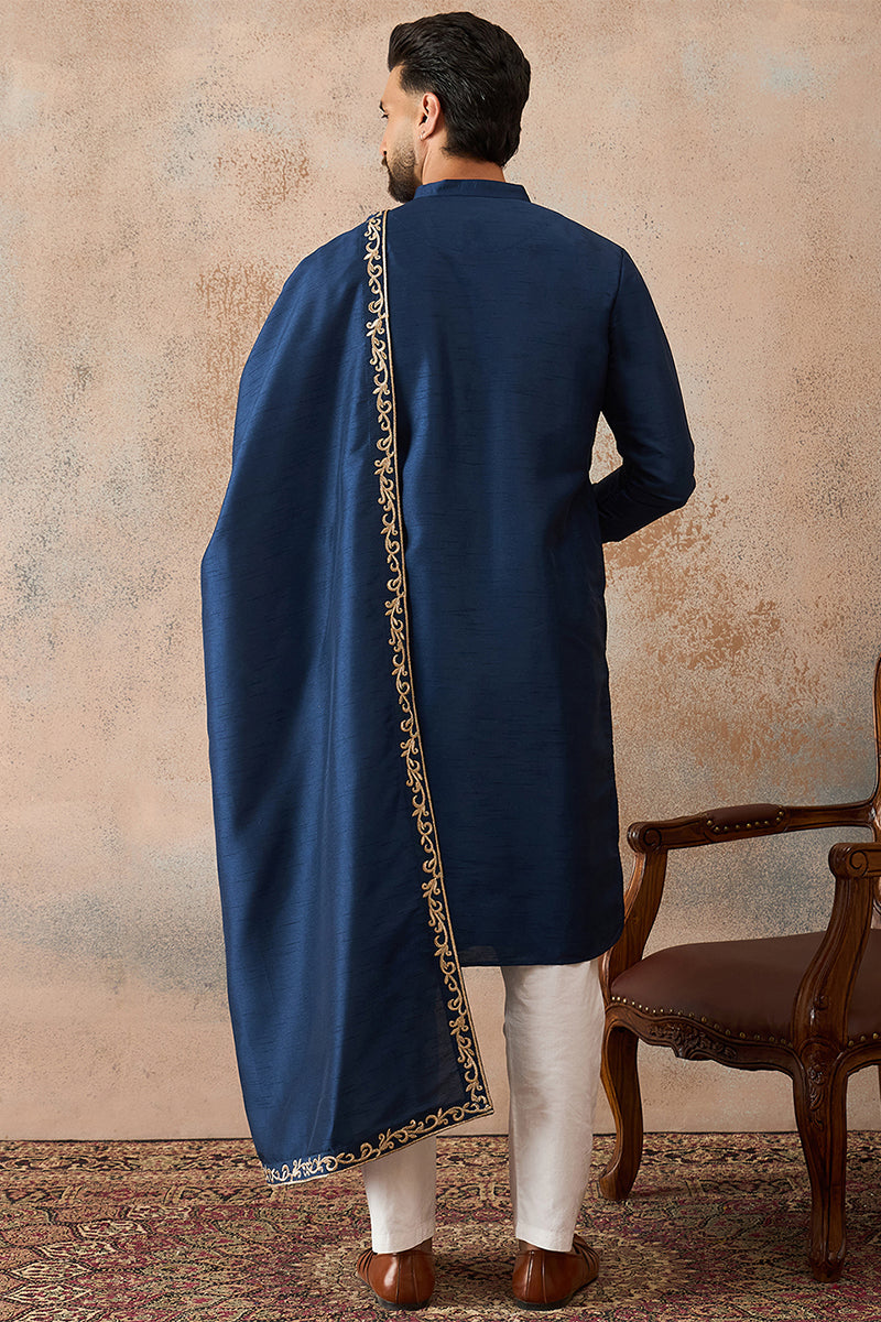 Blue Silk Blend Solid Embroidered Kurta With Dupatta MKUD1020
