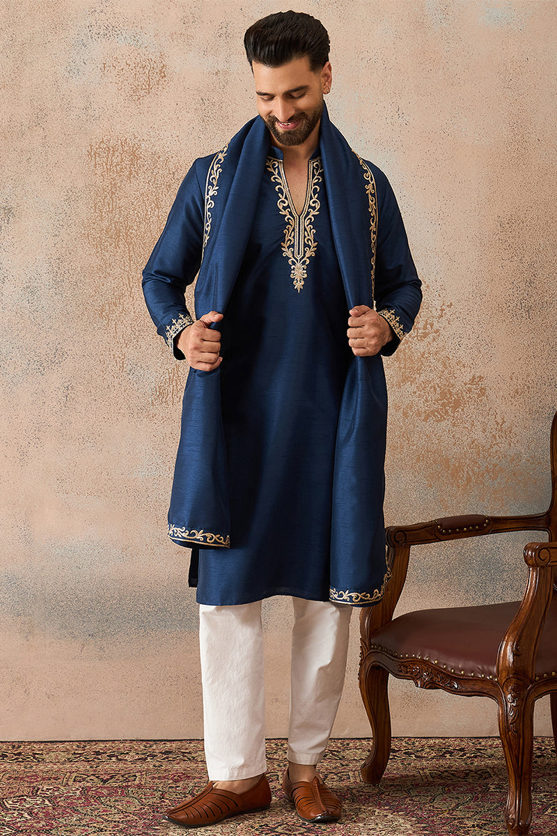 Blue Silk Blend Solid Embroidered Kurta With Dupatta MKUD1020