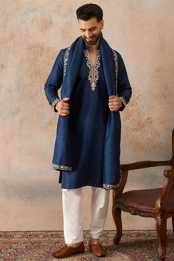 Blue Silk Blend Solid Embroidered Kurta With Dupatta MKUD1020