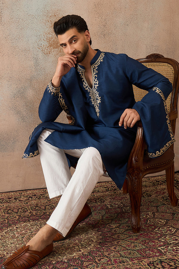 Blue Silk Blend Solid Embroidered Kurta & Trouser With Dupatta MKPD1020
