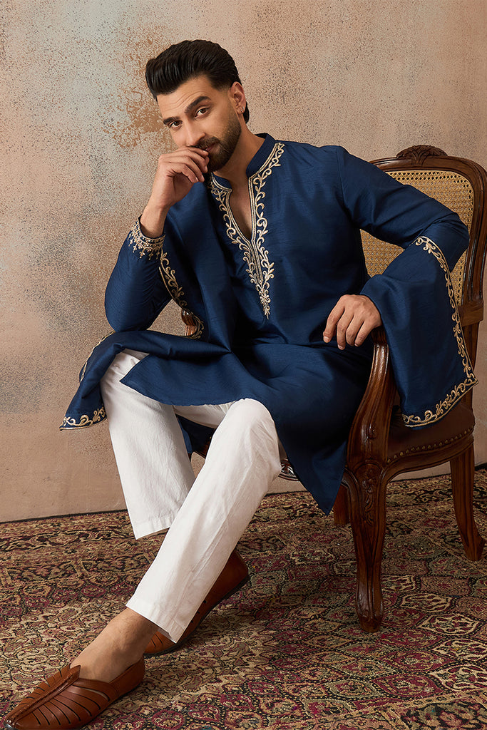 Blue Silk Blend Solid Embroidered Kurta With Dupatta MKUD1020