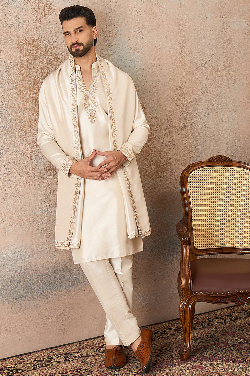 Off White Silk Blend Solid Embroidered Kurta & Trouser With Dupatta MKPD1021
