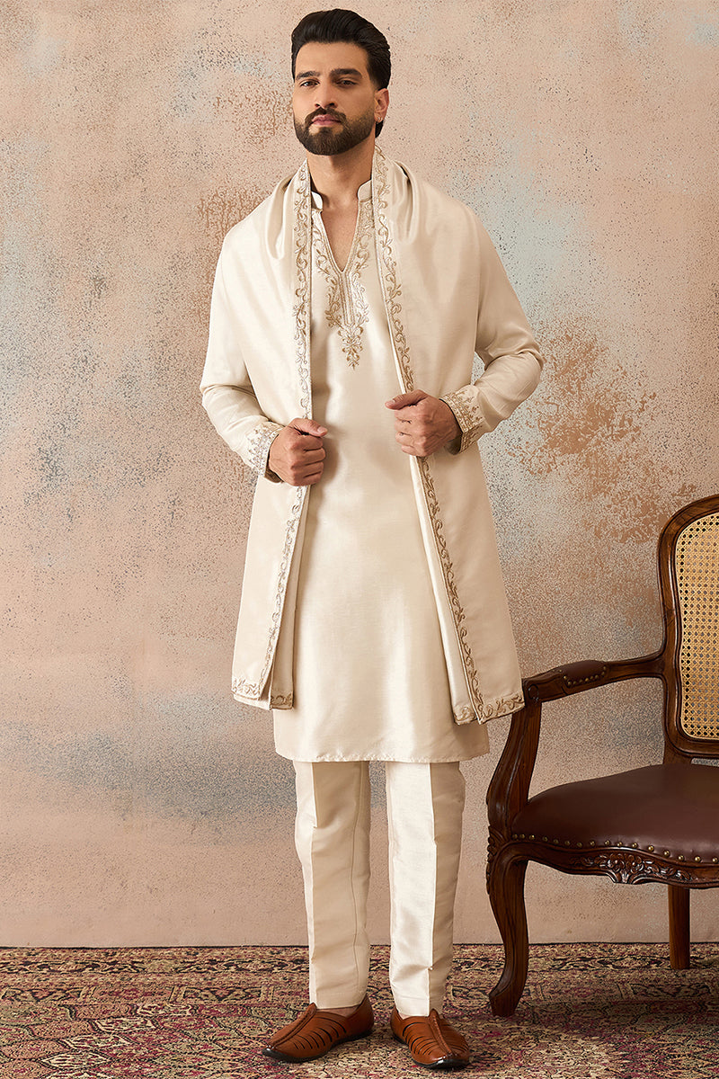 Off White Silk Blend Solid Embroidered Kurta & Trouser With Dupatta MKPD1021