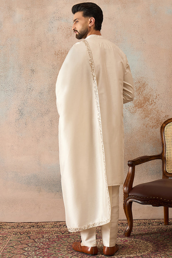 Off White Silk Blend Solid Embroidered Kurta & Trouser With Dupatta MKPD1021