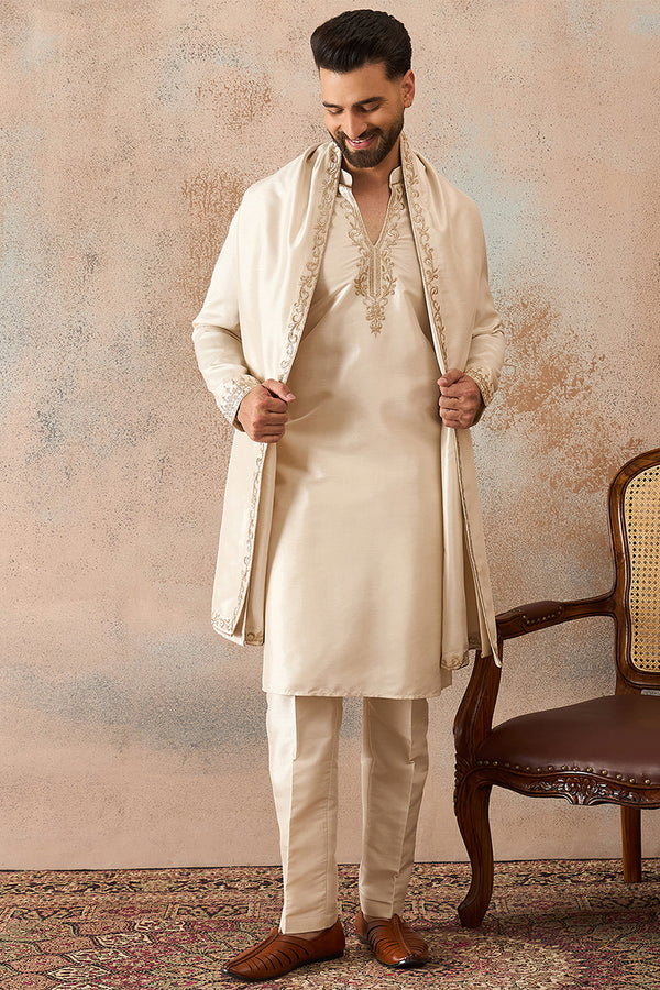 Off White Silk Blend Solid Embroidered Kurta & Trouser With Dupatta MKPD1021