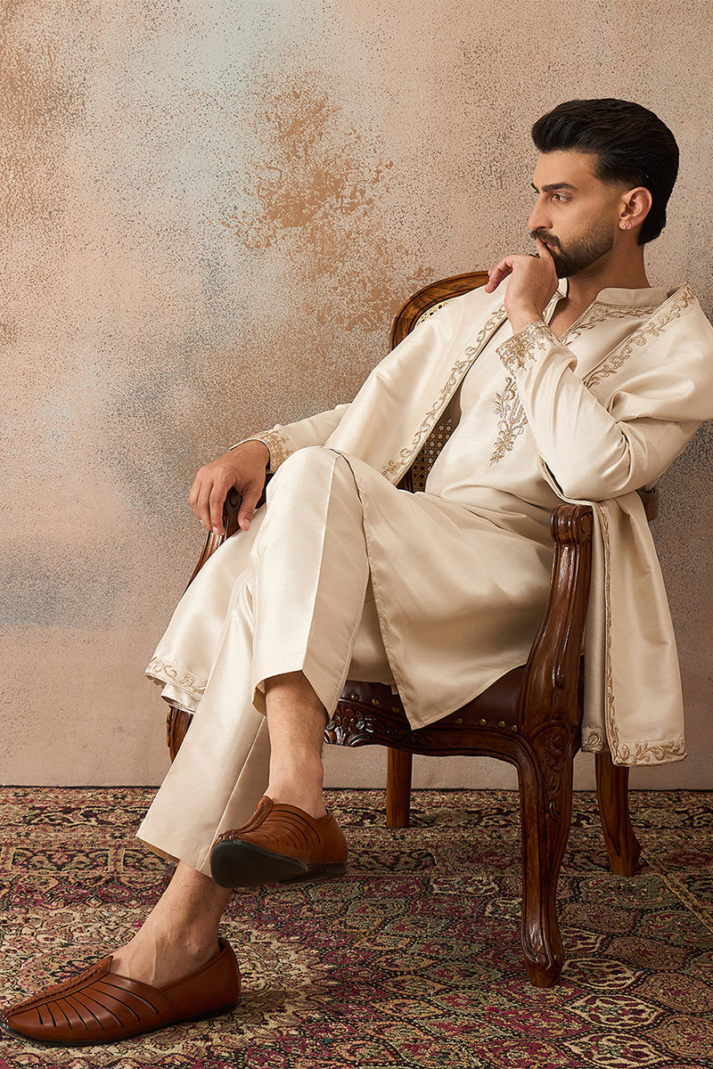 Off White Silk Blend Solid Embroidered Kurta & Trouser With Dupatta MKPD1021