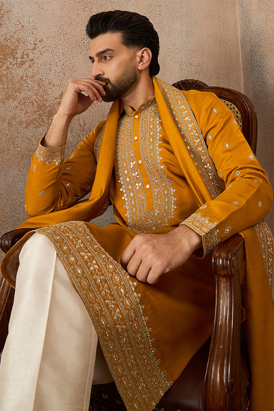 Mustard Silk Blend Solid Embroidered Kurta And Trouser With Dupatta MKPD1029