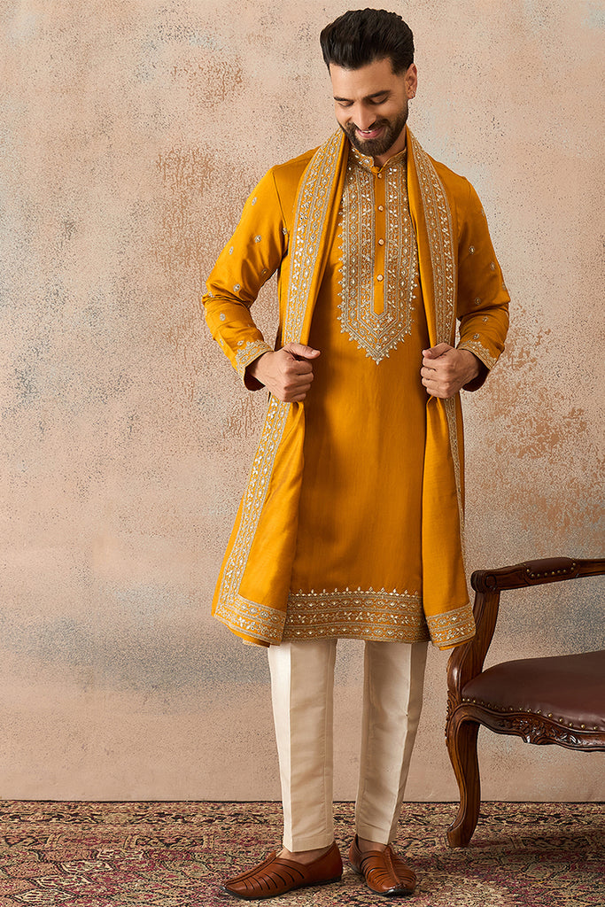 Mustard Silk Blend Solid Embroidered Kurta With Dupatta MKUD1029