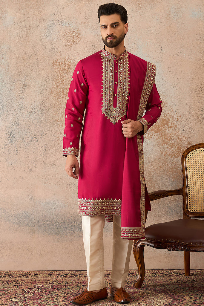 Pink Silk Blend Solid Embroidered Kurta And Trouser With Dupatta MKPD1030