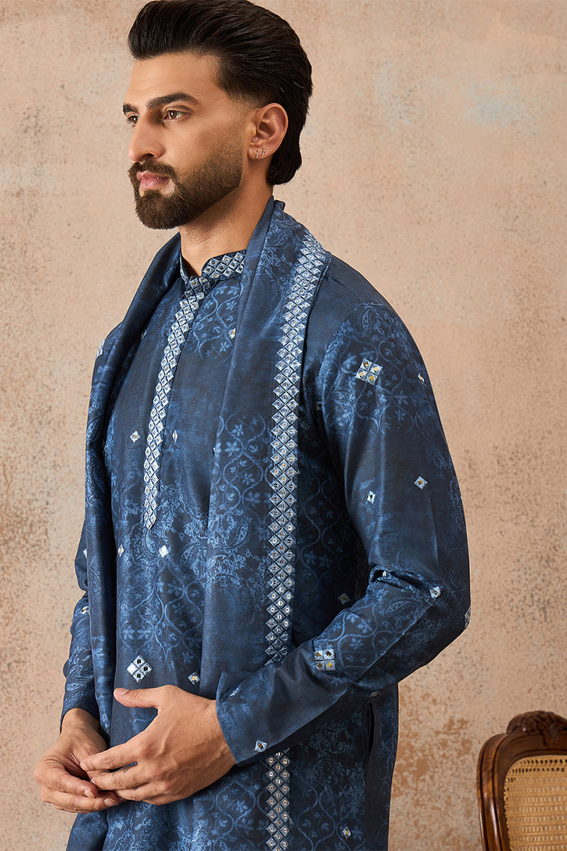Blue Silk Blend Ethnic Motifs Printed Mirror Work Kurta With Trouser & Dupatta MKPD1032