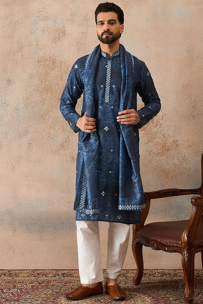 Blue Silk Blend Ethnic Motifs Printed Mirror Work Kurta With Dupatta MKUD1032