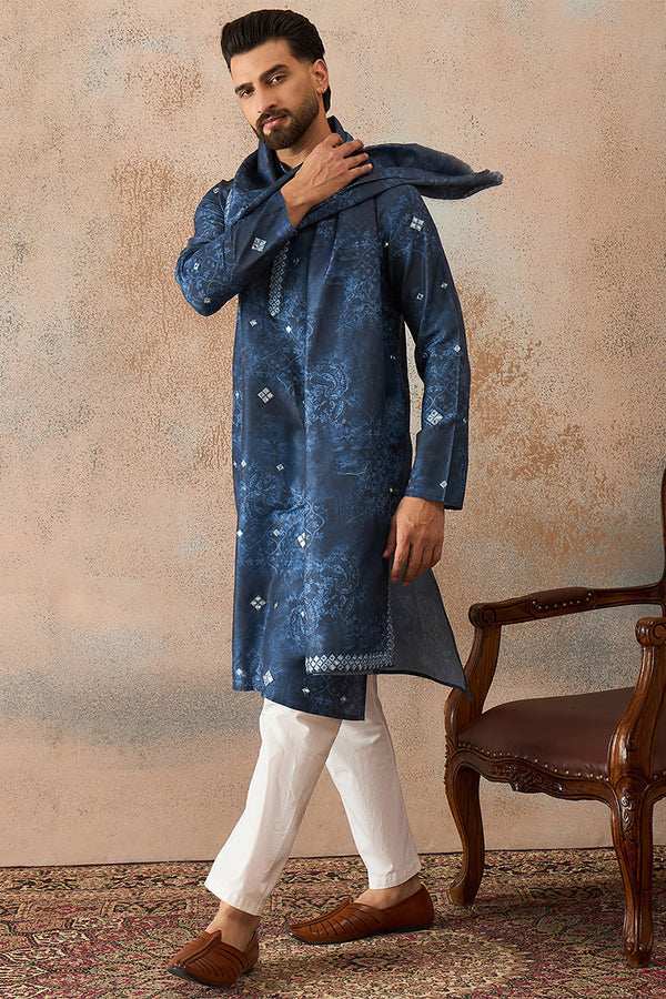 Blue Silk Blend Ethnic Motifs Printed Mirror Work Kurta With Dupatta MKUD1032