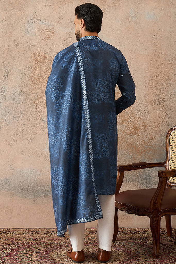 Blue Silk Blend Ethnic Motifs Printed Mirror Work Kurta With Dupatta MKUD1032