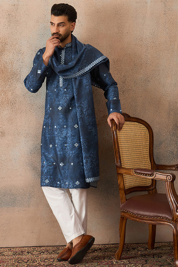 Blue Silk Blend Ethnic Motifs Printed Mirror Work Kurta With Trouser & Dupatta MKPD1032