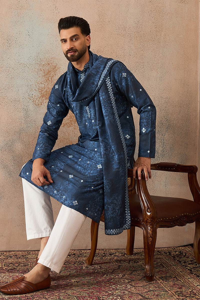 Blue Silk Blend Ethnic Motifs Printed Mirror Work Kurta With Dupatta MKUD1032