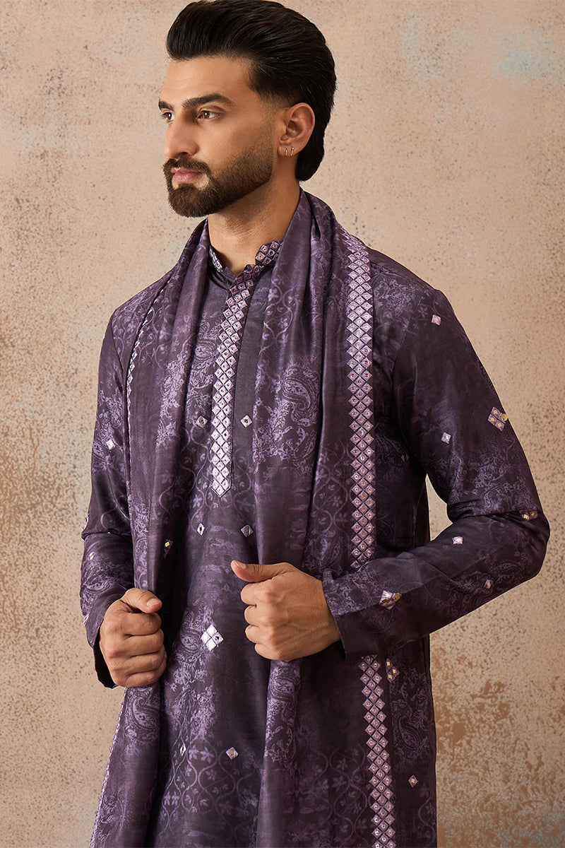 Purple Silk Blend Ethnic Motifs Printed Mirror Work Kurta With Trouser & Dupatta MKPD1033