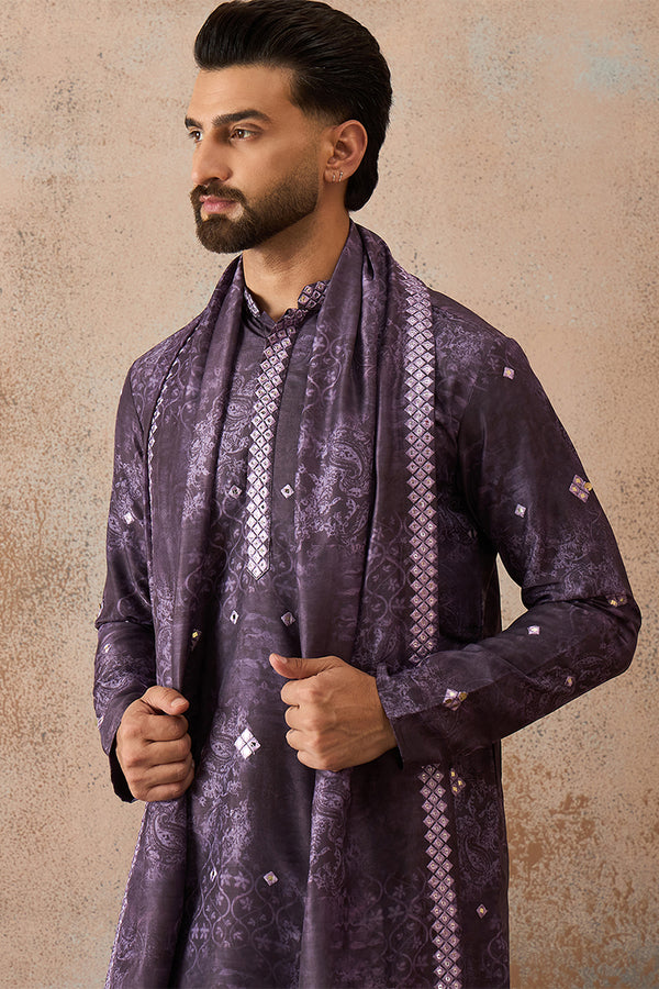 Purple Silk Blend Ethnic Motifs Printed Mirror Work Kurta With Trouser & Dupatta MKPD1033