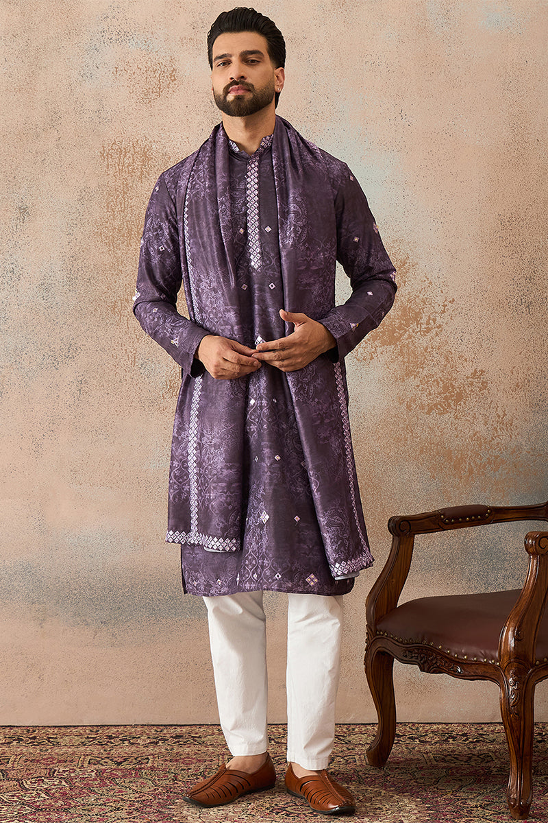 Purple Silk Blend Ethnic Motifs Printed Mirror Work Kurta With Dupatta MKUD1033