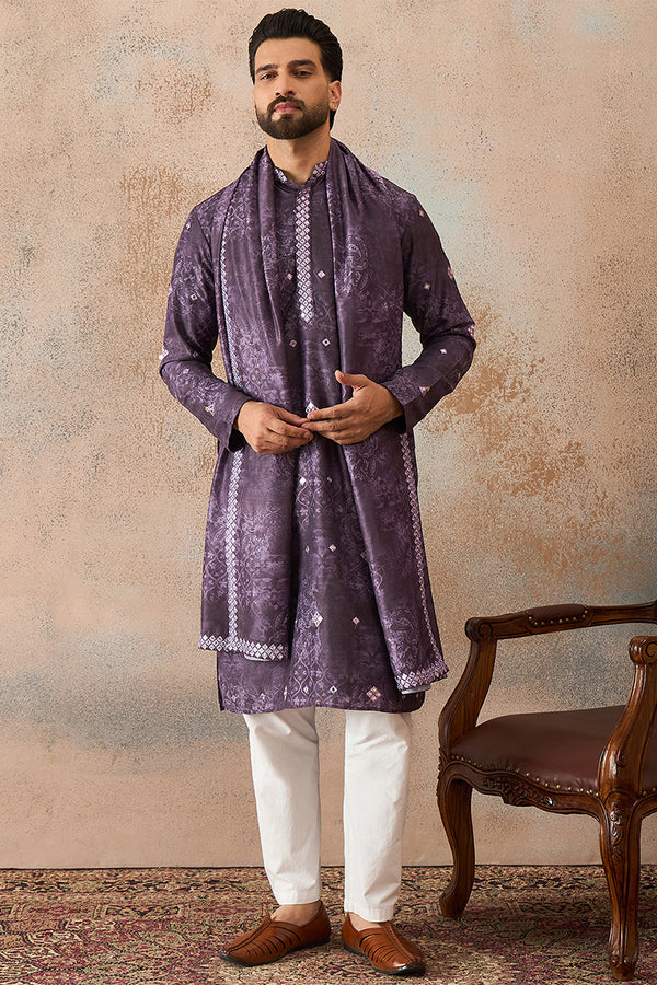 Purple Silk Blend Ethnic Motifs Printed Mirror Work Kurta With Trouser & Dupatta MKPD1033