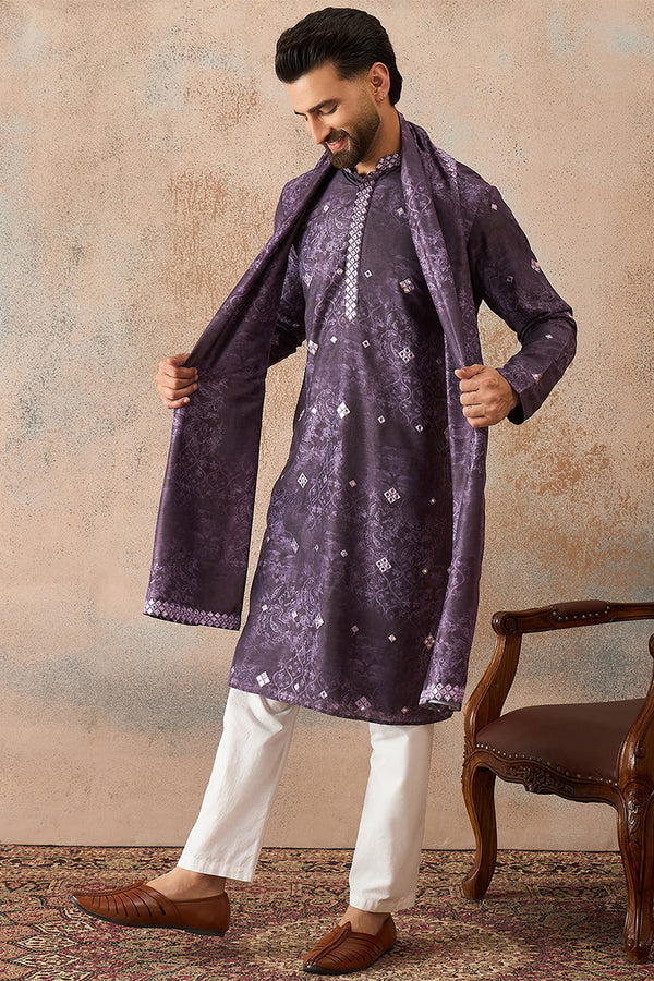Purple Silk Blend Ethnic Motifs Printed Mirror Work Kurta With Trouser & Dupatta MKPD1033