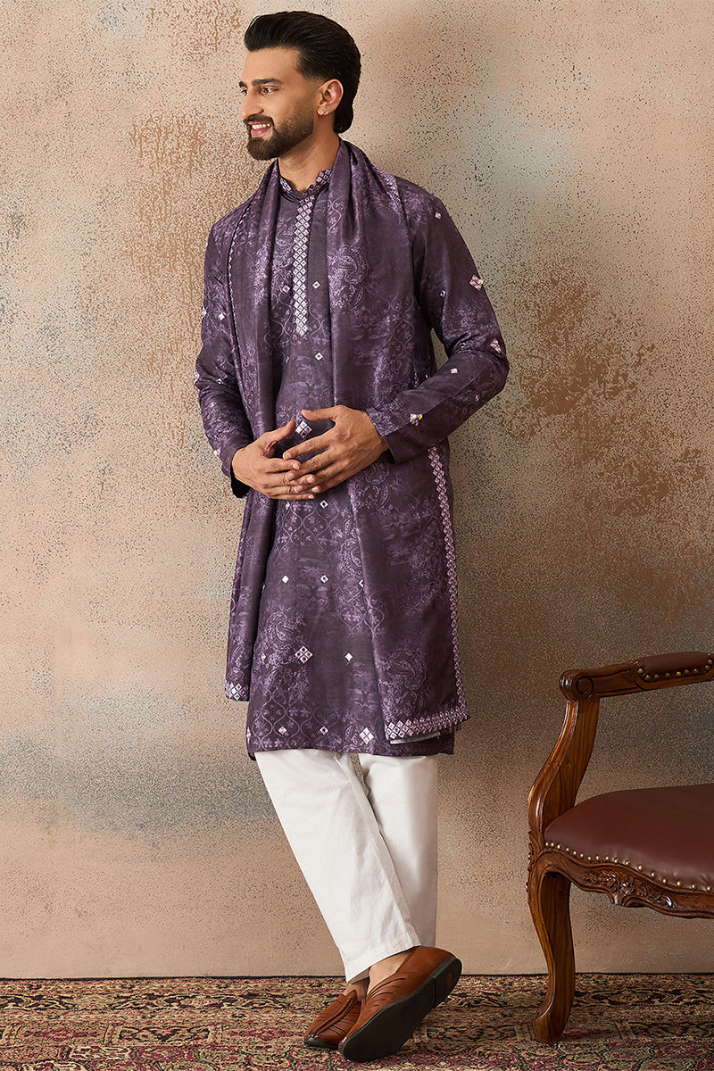 Purple Silk Blend Ethnic Motifs Printed Mirror Work Kurta With Dupatta MKUD1033
