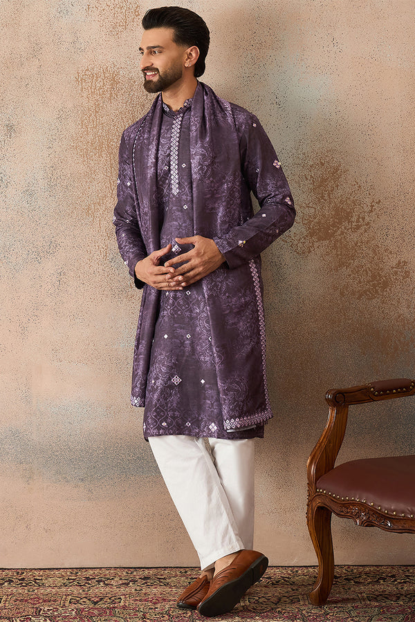 Purple Silk Blend Ethnic Motifs Printed Mirror Work Kurta With Trouser & Dupatta MKPD1033
