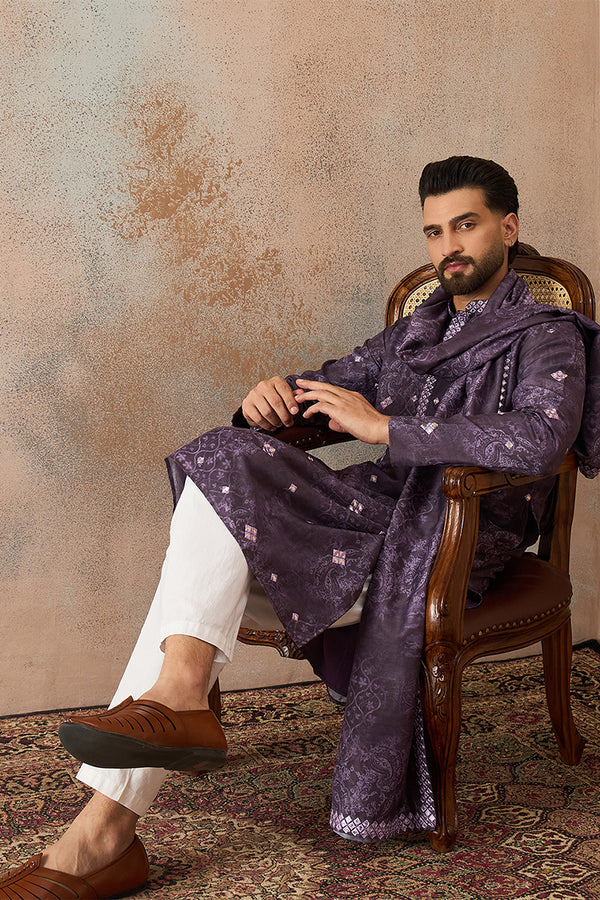 Purple Silk Blend Ethnic Motifs Printed Mirror Work Kurta With Trouser & Dupatta MKPD1033